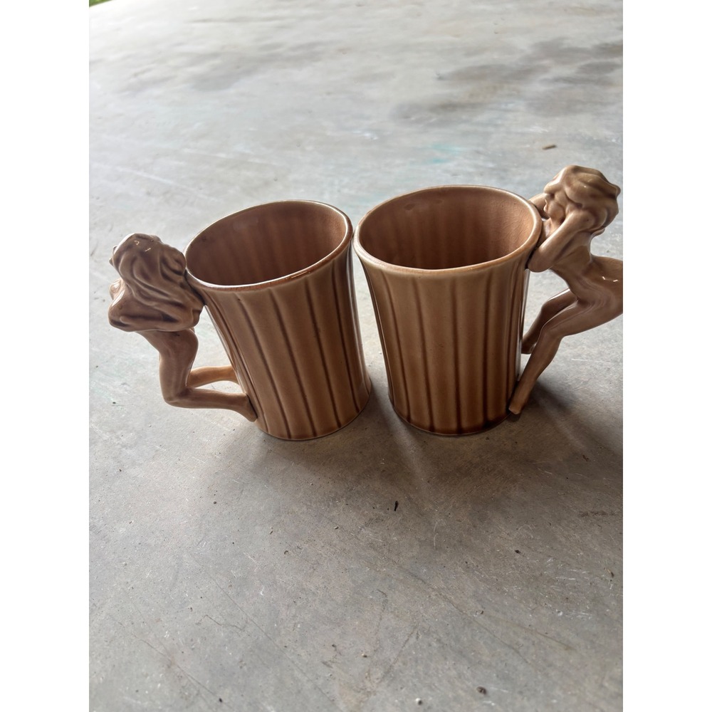 Vintage Shafford Japan Nude Lady Handle Mugs Set of 2 Tan Ceramic Novelty MCM